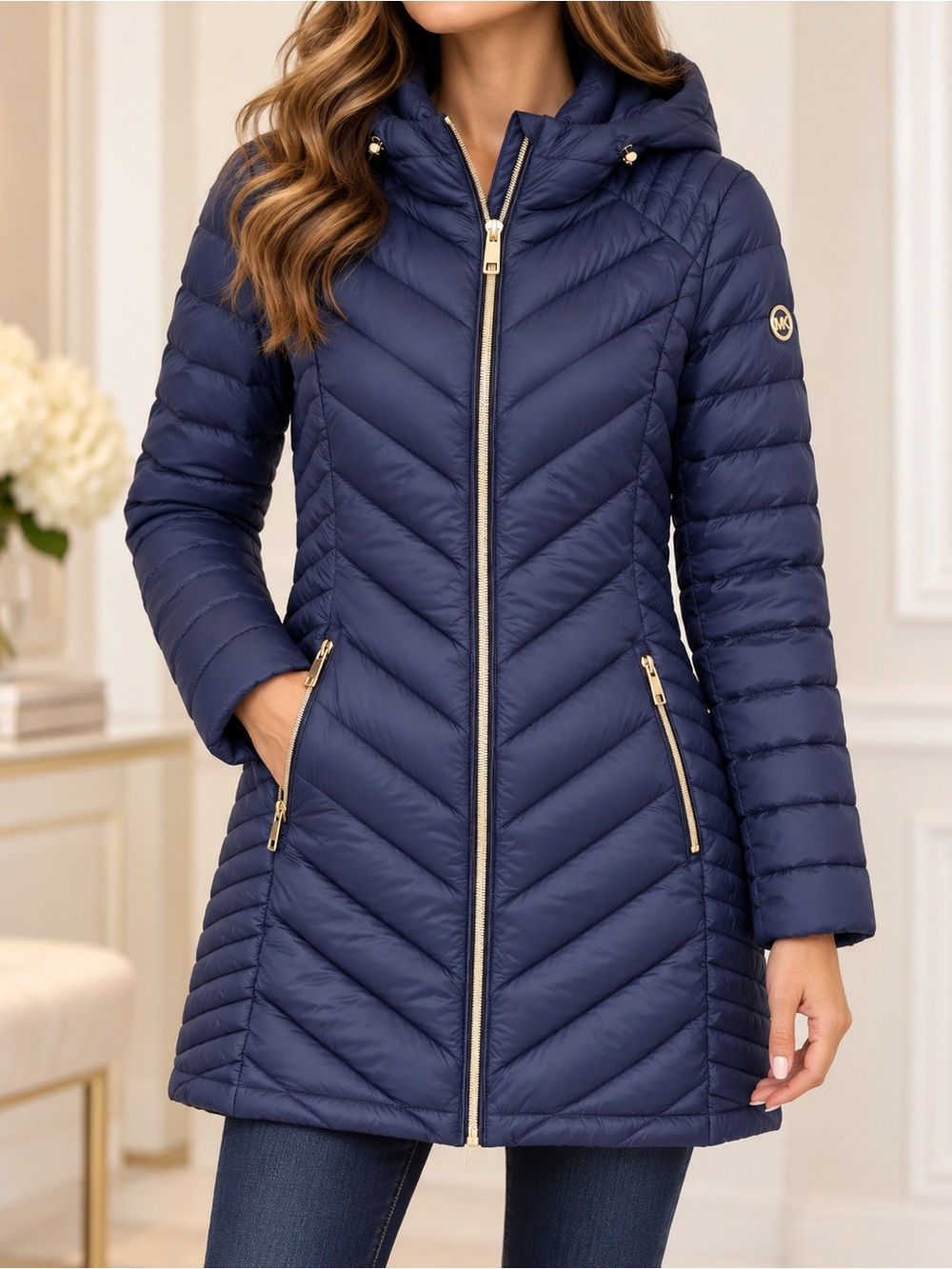 MICHAEL Michael Kors Packable Down Puffer Coat Navy L Hooded Chevron
